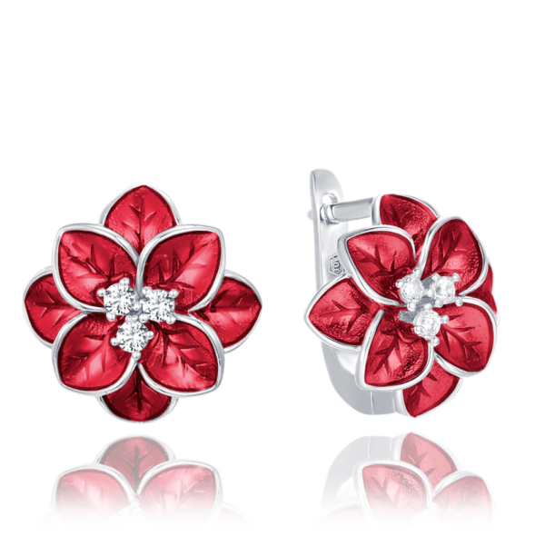MINET Strieborné náušnice červené kvety so zirkónmi