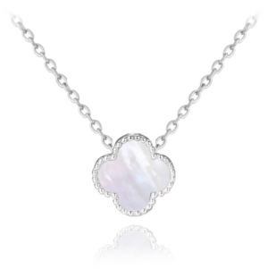 MINET Strieborný náhrdelník ďatelina s bielou perleťou