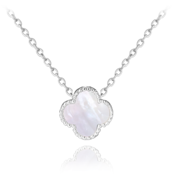 MINET Strieborný náhrdelník ďatelina s bielou perleťou
